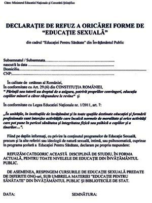 Declarație de refuz a educației sexuale în școli și grădinițe