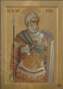 × Icoana Sfântul Mare Mucenic Mina - litografie pe lemn